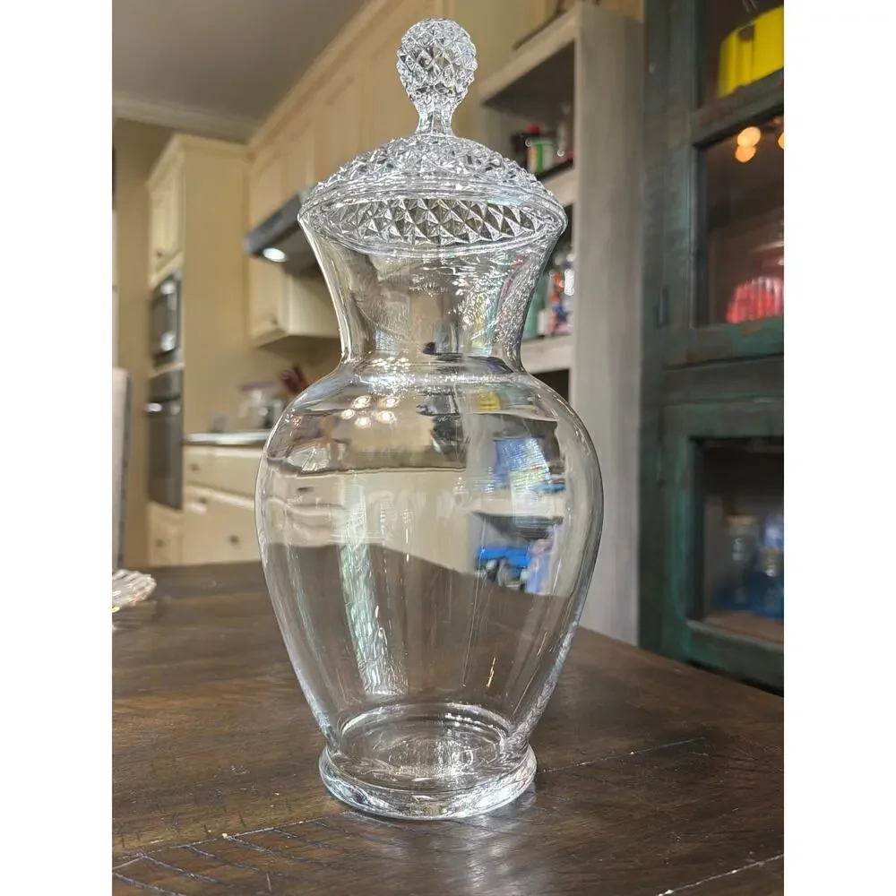 Vintage Clear Crystal Glass Large Covered Jar Diamond Point Lid Ball Finial
